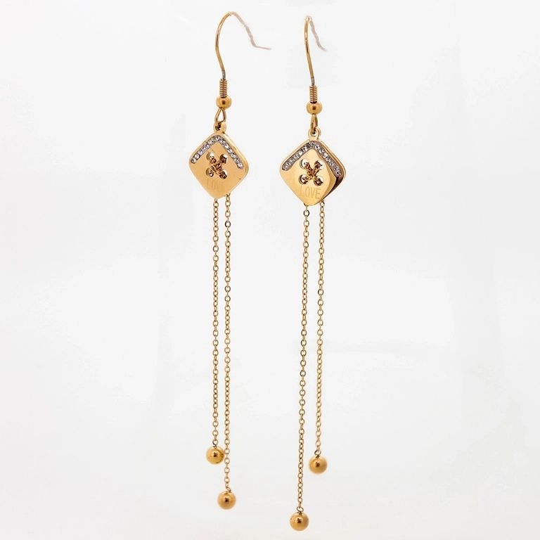 JEWELRY - EARRINGS - HOOK - STAINLESS STEEL AND CRYSTALS - BUTTON Е688 - 1.3х10.4cm ROSE GOLD AND WHITE - 1 pair