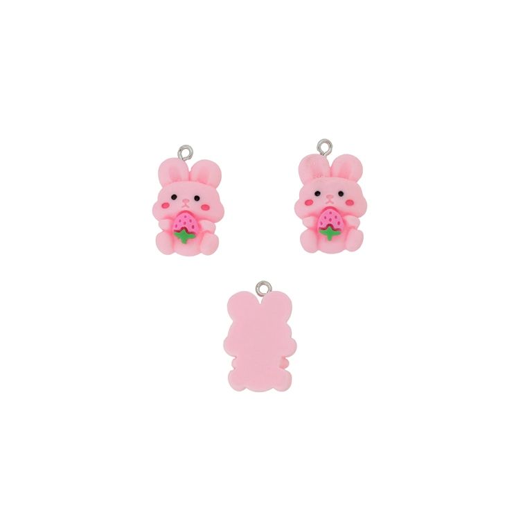PLASTIC BEADS - RESIN 3D - PENDANT - RABBIT 26 WITH STRAWBERRY - 17x26x7mm PINK-PINK (DARK)-GREEN - PACKAGE 20pcs. Hole-1.8mm
