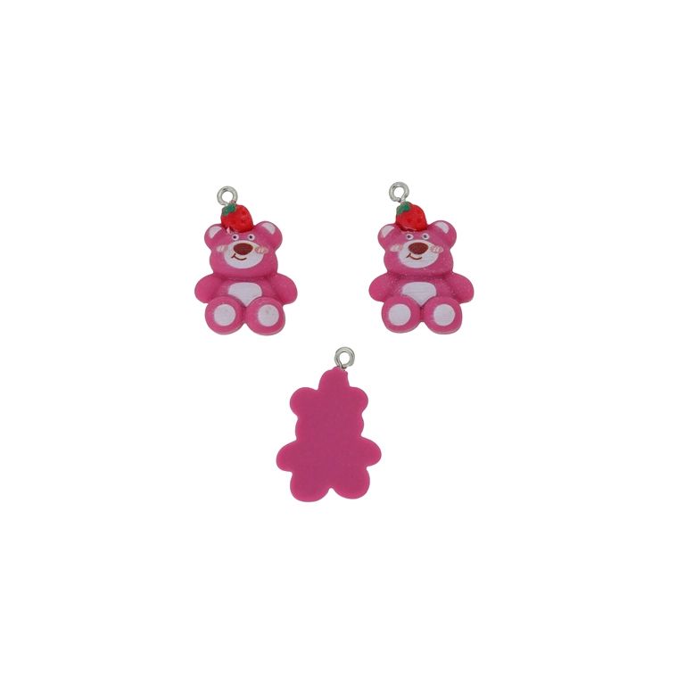 PLASTIC BEADS - RESIN 3D - PENDANT - BEAR 41 WITH STRAWBERRY - 18x27x6mm PINK (DARK)-WHITE-RED - PACKAGE 20pcs. Hole-1.8mm