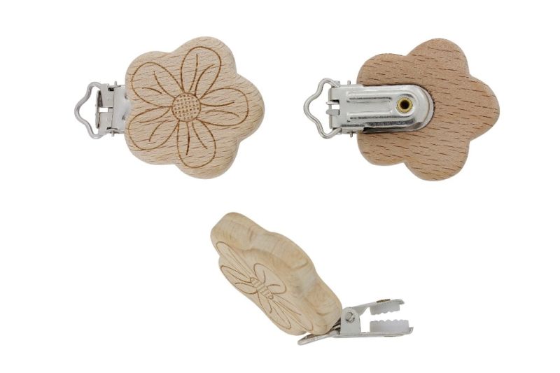 METAL ELEMENTS - ROUND SHAPE PACIFIER CLIPS - BEECH - FLOWER 02 - 39x39x10mm - NATURAL - 1pc.