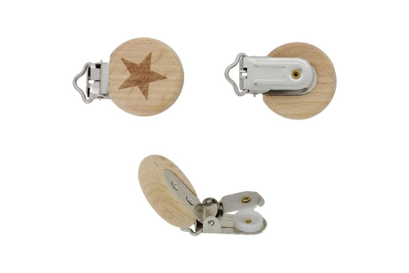 METAL ELEMENTS - ROUND SHAPE PACIFIER CLIPS - CIRCLE 30mm - BEECH - STAR 01 - NATURAL - 1pc.