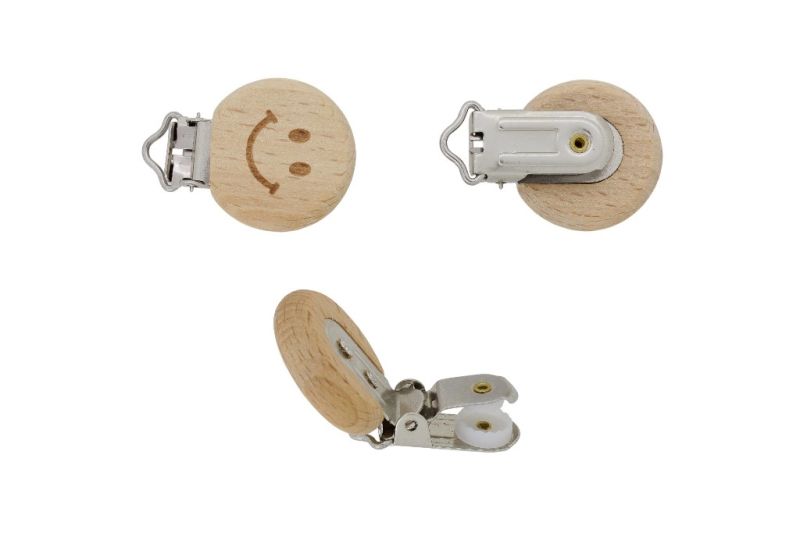 METAL ELEMENTS - ROUND SHAPE PACIFIER CLIPS - CIRCLE 30mm - BEECH - SMILE 01 - NATURAL - PACKAGE 10pcs.