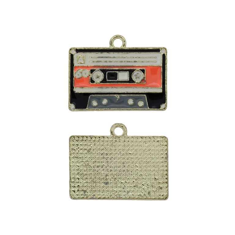METAL BEADS WITH ENAMEL - PENDANT - AUDIO CASSETTE 01 - 23x18x1.4mm GOLD-ORANGE-BLACK - PACKAGE 30pcs. Hole-2.0mm