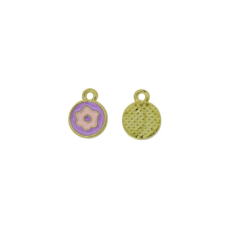 METAL BEADS WITH ENAMEL - PENDANT - CIRCLE WITH FLOWER 01 - 9x12x1.7mm GOLD-PURPLE-PINK (LIGHT) - 10pcs. Hole-1.5mm