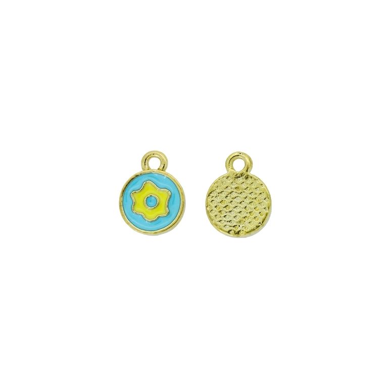 METAL BEADS WITH ENAMEL - PENDANT - CIRCLE WITH FLOWER 01 - 9x12x1.7mm GOLD-BLUE-YELLOW (LIGHT) - 10pcs. Hole-1.5mm