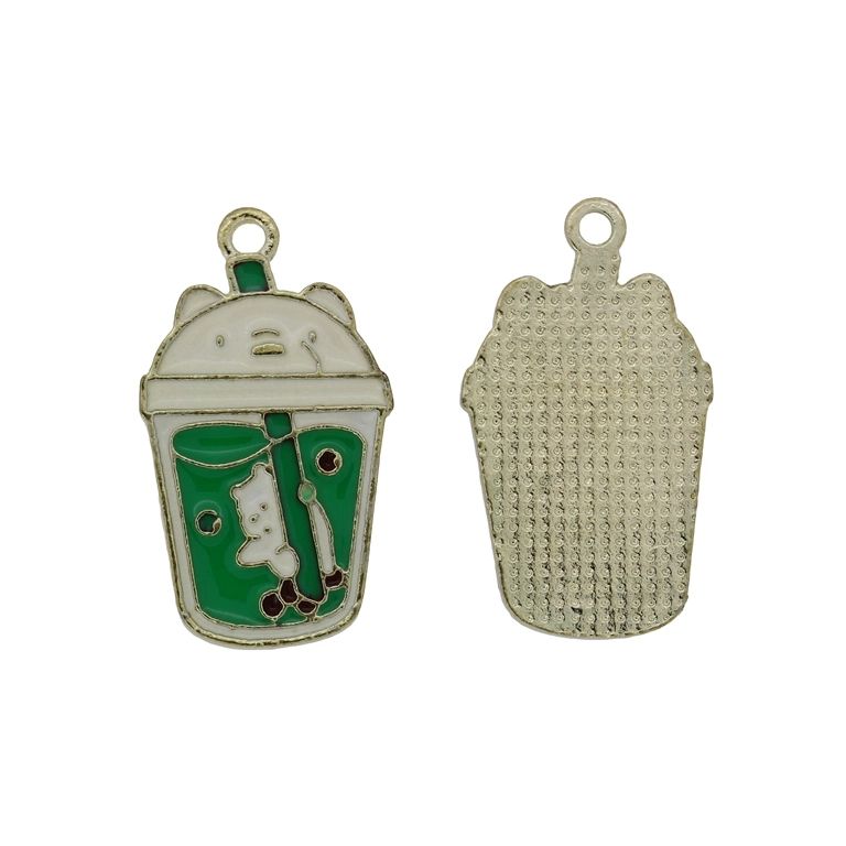 METAL BEADS WITH ENAMEL - PENDANT - BEAR 19 BUBBLE TEA - 16x29x1.6mm GOLD-ECRU-GREEN - PACKAGE 30pcs. Hole-2.0mm