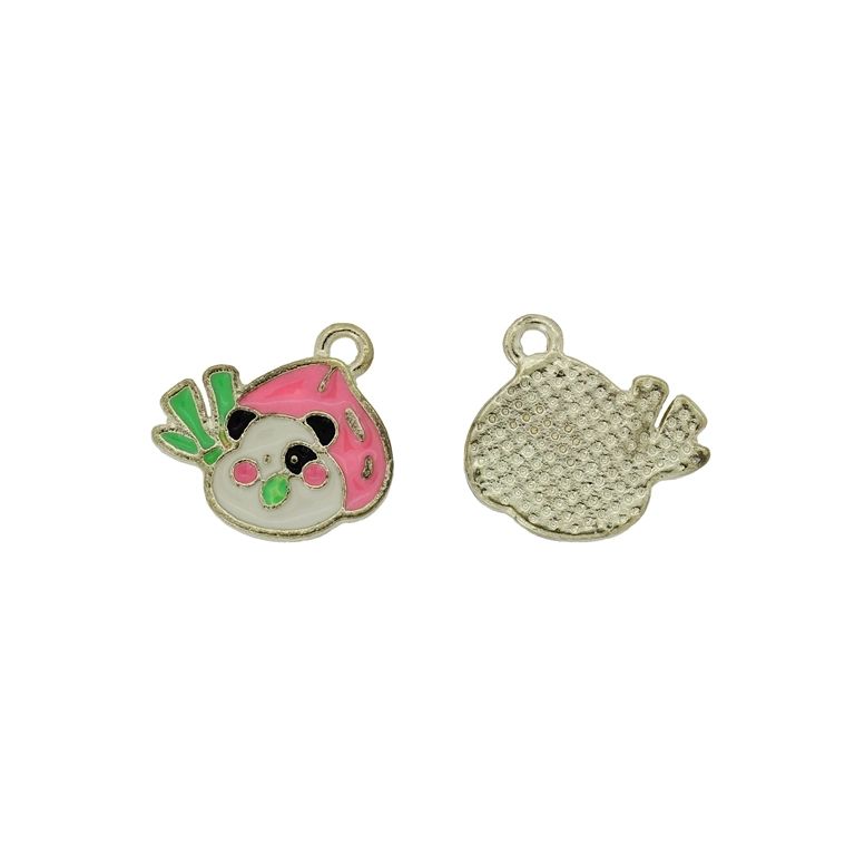 METAL BEADS WITH ENAMEL - PENDANT - PANDA FRUIT 01 - 16x15x1.7mm GOLD-PINK (DARK)-ECRU - 5pcs. Hole-1.5mm