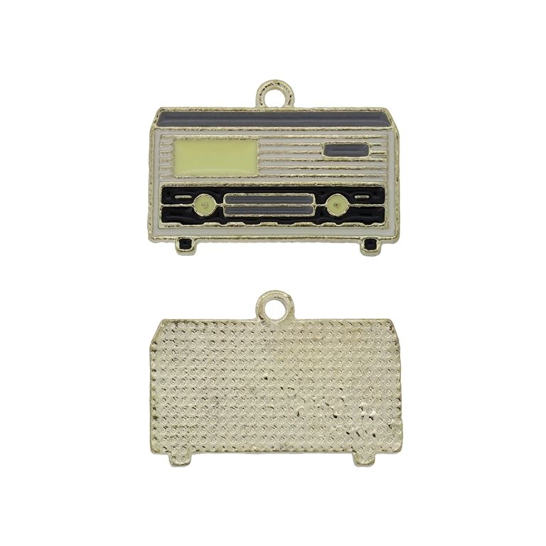 METAL BEADS WITH ENAMEL - PENDANT - RADIO 01 - 25x18x1.4mm GOLD-ECRU-BLACK - 3pcs. Hole-2.0mm