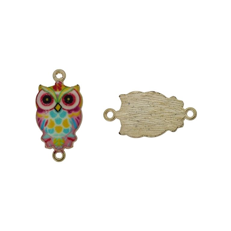 METAL BEADS WITH ENAMEL - CONNECTING ELEMENT WITH 2 RINGS - OWL 10 - 26x13x2mm GOLD AND MIX - 3pcs. Hole-1.5mm
