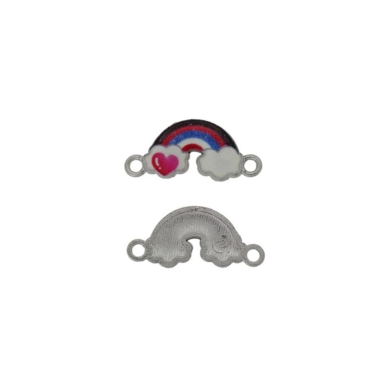 METAL BEADS WITH ENAMEL - CONNECTING ELEMENT WITH 2 RINGS - RAINBOW 02 CLOUDS - 23x10x1.8mm NICKEL-WHITE-RED - 3pcs. Hole-2.0mm
