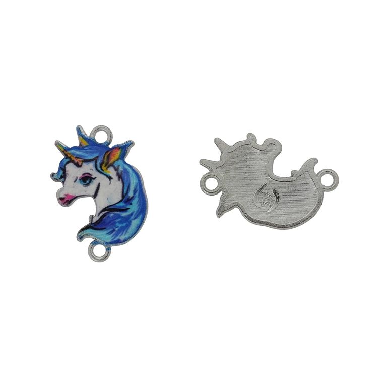 METAL BEADS WITH ENAMEL - CONNECTING ELEMENT WITH 2 RINGS - UNICORN 08 - 23x15x2mm NICKEL-BLUE-WHITE - PACKAGE 3pcs. Hole-1.8mm