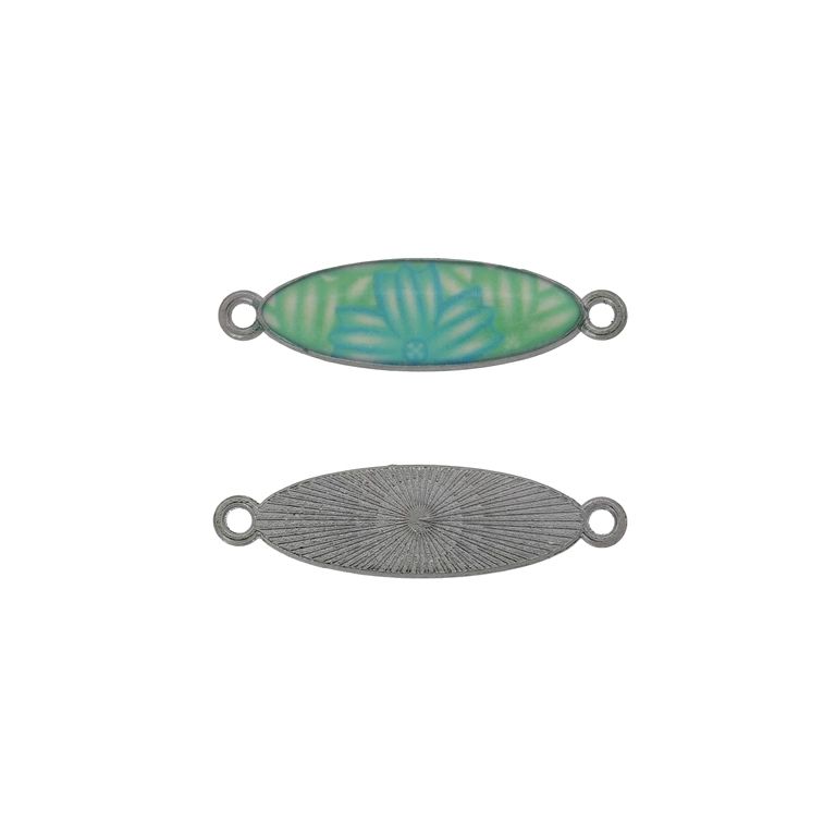 METAL BEADS WITH ENAMEL - CONNECTING ELEMENT WITH 2 RINGS - ELLIPSE 02 FLOWER - 32x9x2mm NICKEL-GREEN (LIGHT)-BLUE (LIGHT) - 3pcs. Hole-1.8mm