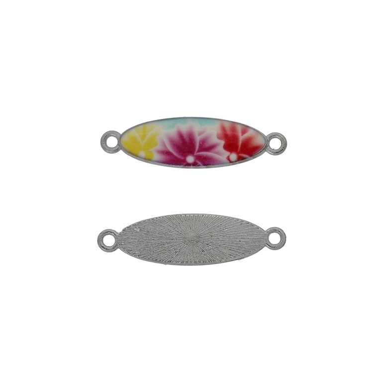 METAL BEADS WITH ENAMEL - CONNECTING ELEMENT WITH 2 RINGS - ELLIPSE 03 FLOWER - 32x9x2mm NICKEL AND MIX - PACKAGE 30pcs. Hole-1.8mm