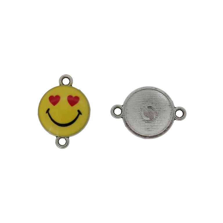 METAL BEADS WITH ENAMEL - CONNECTING ELEMENT WITH 2 RINGS - SMILEY FACE EMOJI 04 - 22x15x3mm NICKEL-YELLOW-RED - PACKAGE 30pcs. Hole-1.8mm