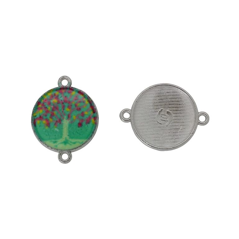 METAL BEADS WITH ENAMEL - CONNECTING ELEMENT WITH 2 RINGS - CIRCLE WITH WOOD 01 - 24x18x3mm NICKEL AND MIX - 3pcs. Hole-1.5mm