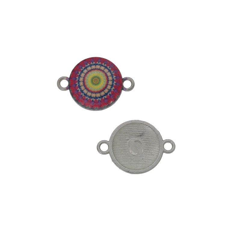 METAL BEADS WITH ENAMEL - CONNECTING ELEMENT WITH 2 RINGS - CIRCLE WITH MANDALA 01 - 22x15x3mm NICKEL-PINK (DARK)-YELLOW - PACKAGE 30pcs. Hole-1.8mm