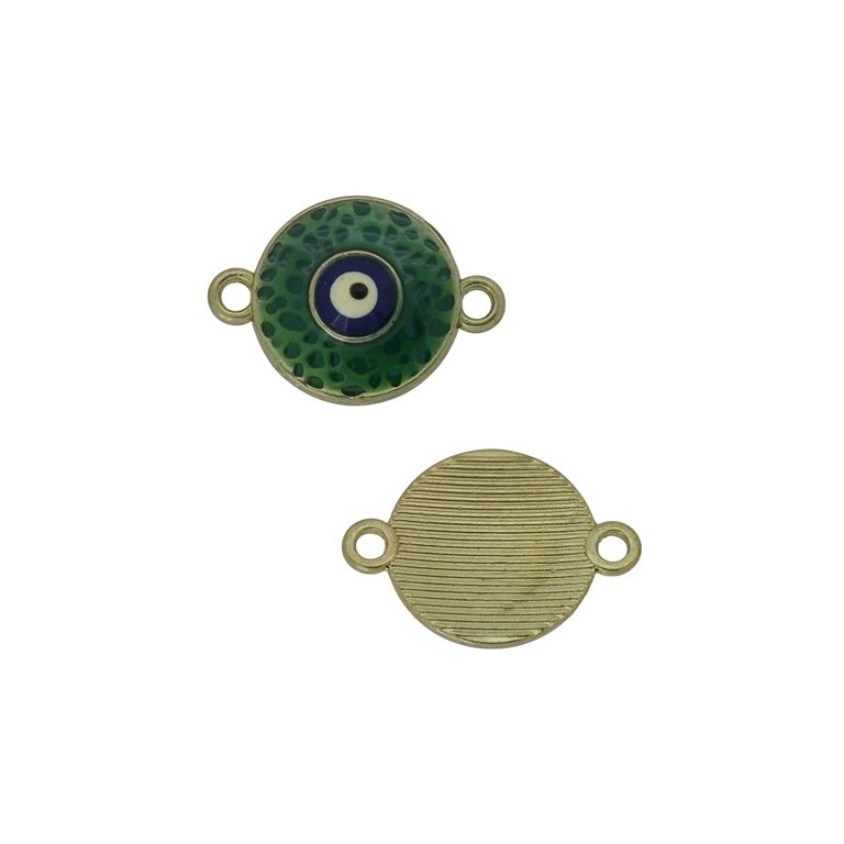 METAL BEADS WITH ENAMEL - CONNECTING ELEMENT WITH 2 RINGS - CIRCLE WITH EYE 02 - 23x16x2mm GOLD-GREEN (DARK)-BLUE (DARK) - PACKAGE 30pcs. Hole-1.8mm