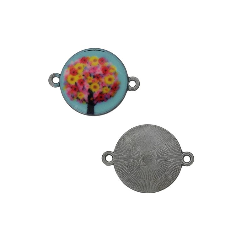 METAL BEADS WITH ENAMEL - CONNECTING ELEMENT WITH 2 RINGS - CIRCLE WITH FLOWERS 01 - 24x18x3mm NICKEL AND MIX - 3pcs. Hole-1.5mm