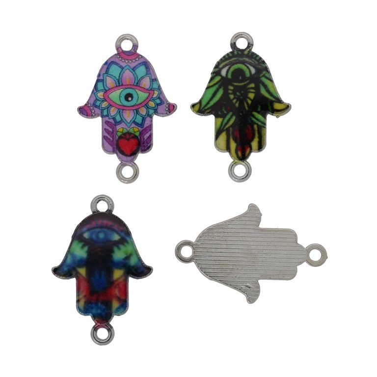 METAL BEADS WITH ENAMEL - CONNECTING ELEMENT WITH 2 RINGS - THE HAND OF FATIMA MIX 01 - 26x17x1.7mm MIX - PACKAGE 30pcs. Hole-1.8mm