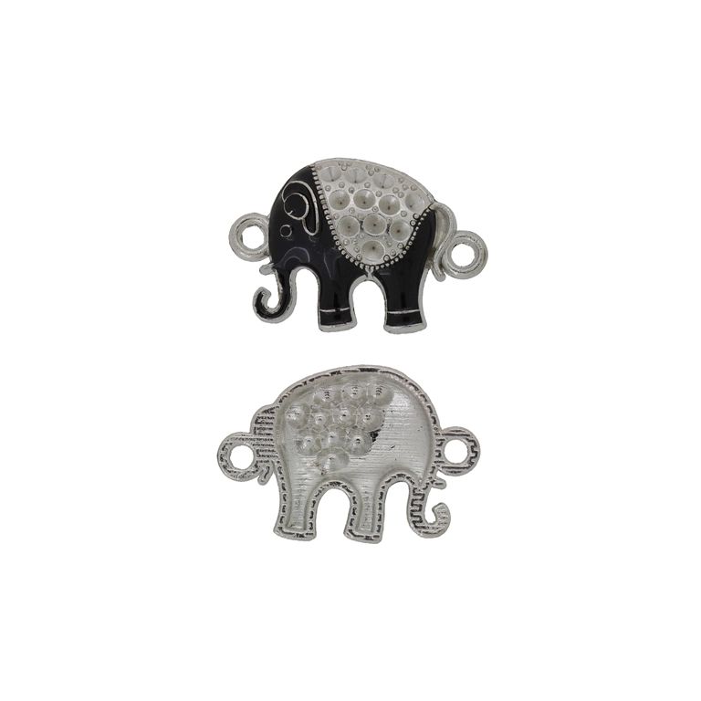 METAL BEADS WITH ENAMEL - CONNECTING ELEMENT WITH 2 RINGS - ELEPHANT 11 - 24x16x4mm NICKEL-BLACK-WHITE - 3pcs. Hole-1.8mm