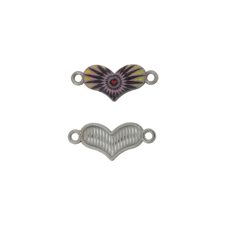 METAL BEADS WITH ENAMEL - CONNECTING ELEMENT WITH 2 RINGS - HEART 27 - 25x11x3mm NICKEL-YELLOW-BLACK - 3pcs. Hole-2.0mm