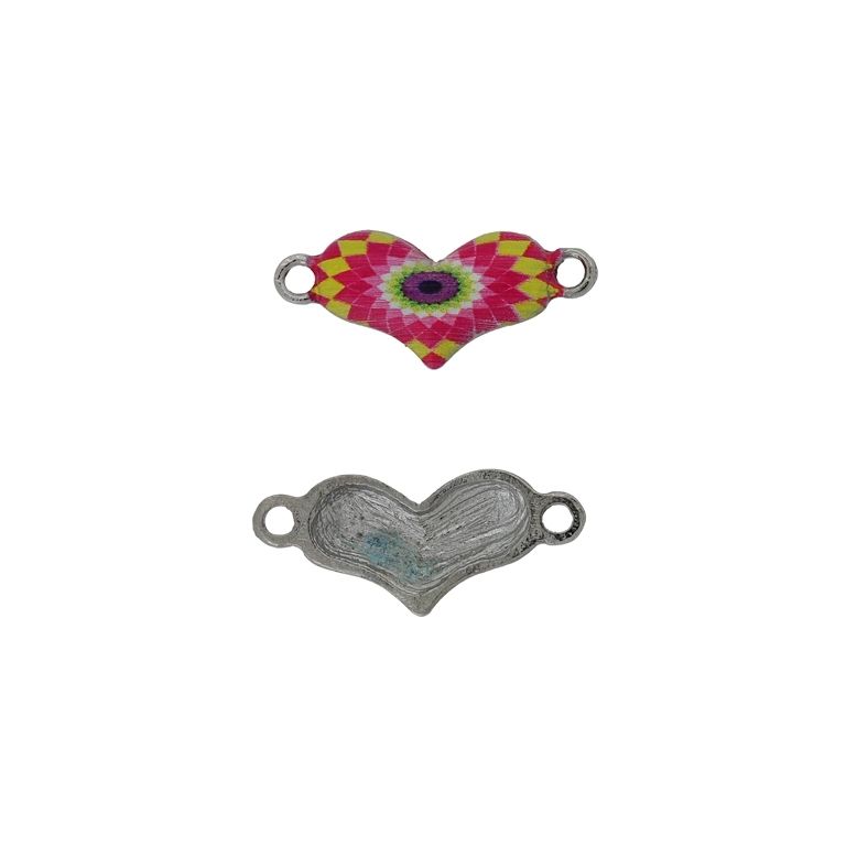 METAL BEADS WITH ENAMEL - CONNECTING ELEMENT WITH 2 RINGS - HEART 28 - 25x11x3mm NICKEL-CYCLAMEN-YELLOW - PACKAGE 30pcs. Hole-2.0mm