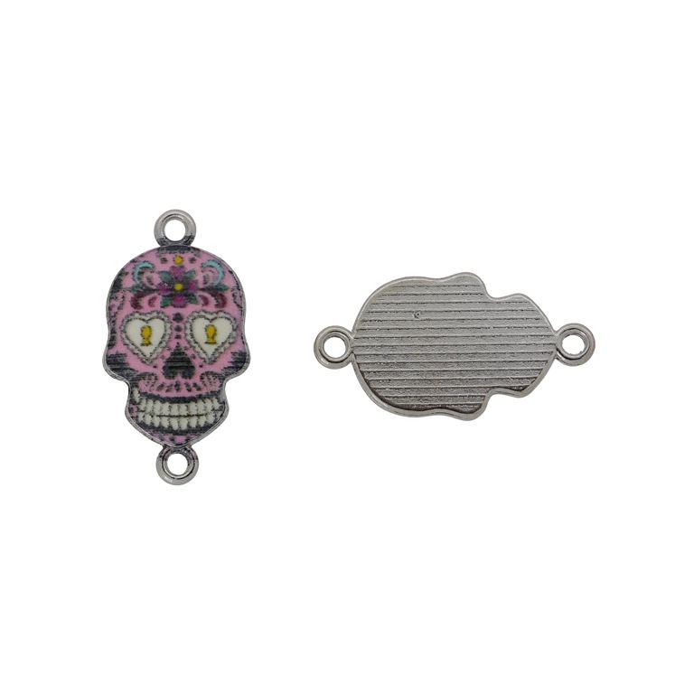 METAL BEADS WITH ENAMEL - CONNECTING ELEMENT WITH 2 RINGS - SKULL 01 - 26x14x1.7mm NICKEL-PINK (LIGHT)-BLACK - PACKAGE 30pcs. Hole-1.8mm