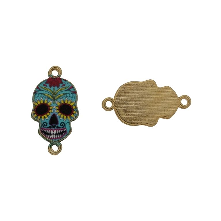METAL BEADS WITH ENAMEL - CONNECTING ELEMENT WITH 2 RINGS - SKULL 08 - 26x14x1.7mm GOLD AND MIX - 3pcs. Hole-1.8mm