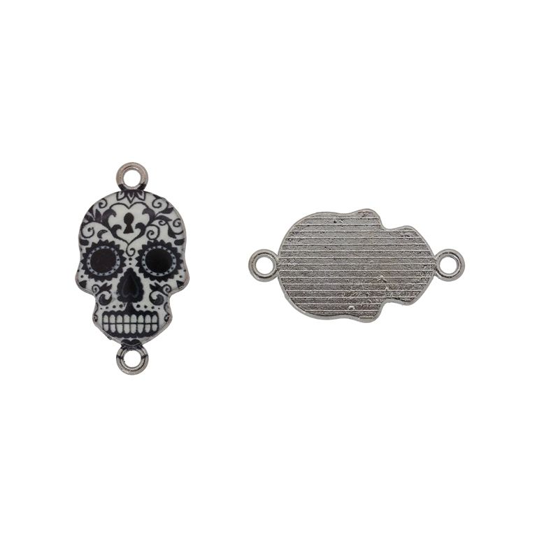METAL BEADS WITH ENAMEL - CONNECTING ELEMENT WITH 2 RINGS - SKULL 10 - 26x14x1.7mm NICKEL-BLACK-WHITE - PACKAGE 30pcs. Hole-1.8mm