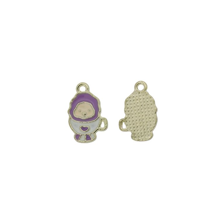 METAL BEADS WITH ENAMEL - PENDANT - BEAR 21 CUP - 11x17x1.5mm GOLD-PURPLE (LIGHT)-WHITE - 3pcs. Hole-1.5mm