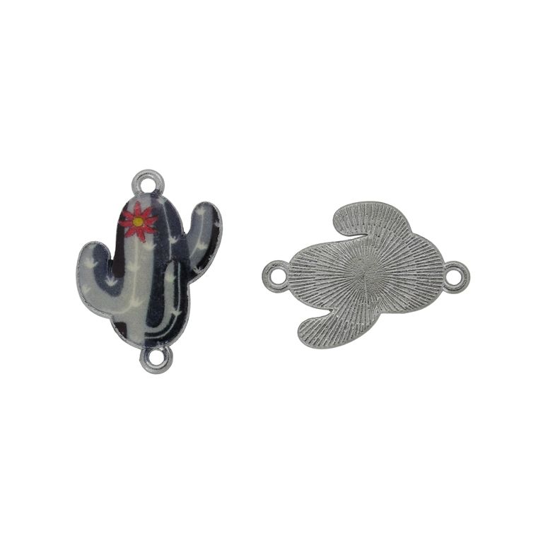 МЕТАЛНИ МЪНИСТА С ЕМАЙЛ - СВЪРЗВАЩ ЕЛЕМЕНТ С 2 ХАЛКИ - КАКТУС 01 - 24х18х2мм НИКЕЛ-СИВО-ЧЕРНО - ПАКЕТ 30 бр. Отвор-1.5мм