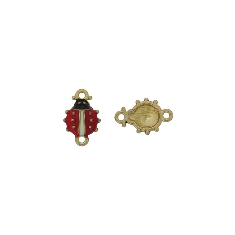 METAL BEADS WITH ENAMEL - CONNECTING ELEMENT WITH 2 RINGS - LADYBUG 06 - 16x10x3mm GOLD-RED-BLACK - PACKAGE 40pcs. Hole-1.5mm