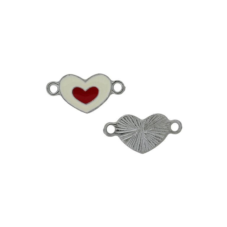 METAL BEADS WITH ENAMEL - CONNECTING ELEMENT WITH 2 RINGS - HEART 29 - 22x11x1.8mm NICKEL-RED-ECRU - 4pcs. Hole-1.8mm