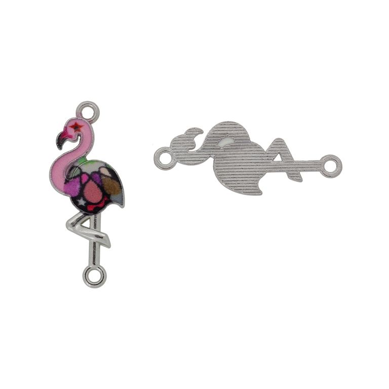 METAL BEADS WITH ENAMEL - CONNECTING ELEMENT WITH 2 RINGS - FLAMINGO 03 - 31x12x1.5mm NICKEL AND MIX - 4pcs. Hole-1.8mm