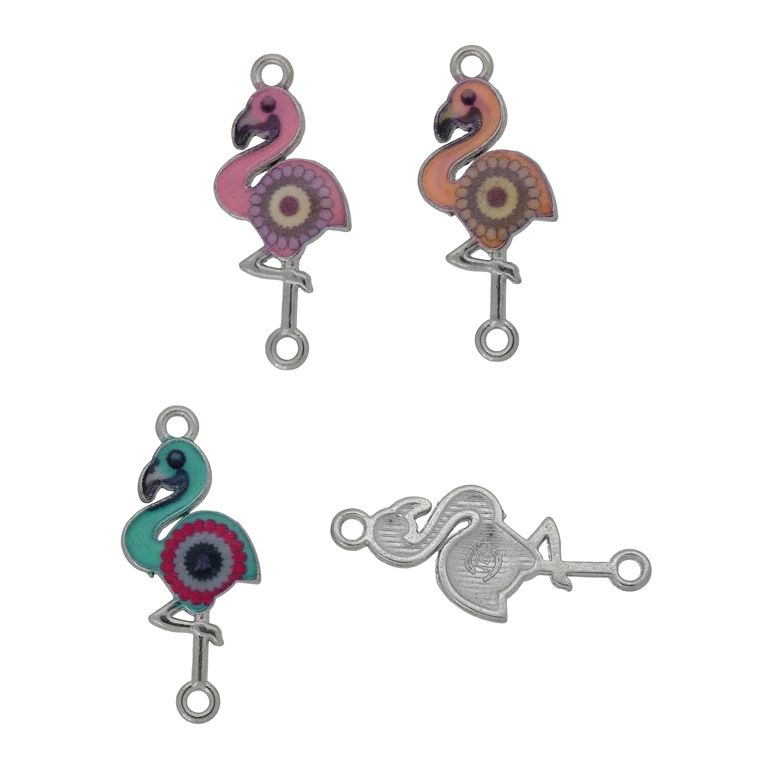 METAL BEADS WITH ENAMEL - CONNECTING ELEMENT WITH 2 RINGS - FLAMINGO 04 - 27x12x2mm NICKEL AND MIX - PACKAGE 4pcs. Hole-1.5mm