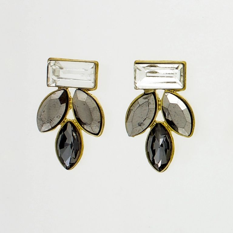 JEWELRY - EARRINGS - SCREW - CRYSTALS - LEAVES Е867 - 1.4x2.3cm GOLD-GRAY-WHITE - PACKAGE 6 pairs