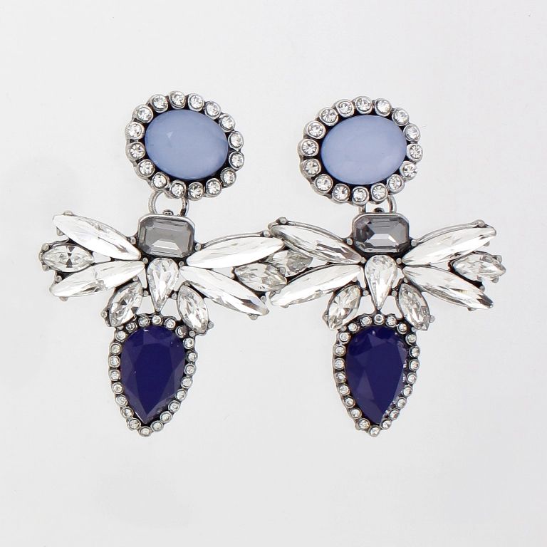 JEWELRY - EARRINGS - SCREW - CRYSTALS - BEE Е869 - 2.8x3.9cm NICKEL-BLUE (DARK)-BLUE (LIGHT)-WHITE - PACKAGE 6 pairs