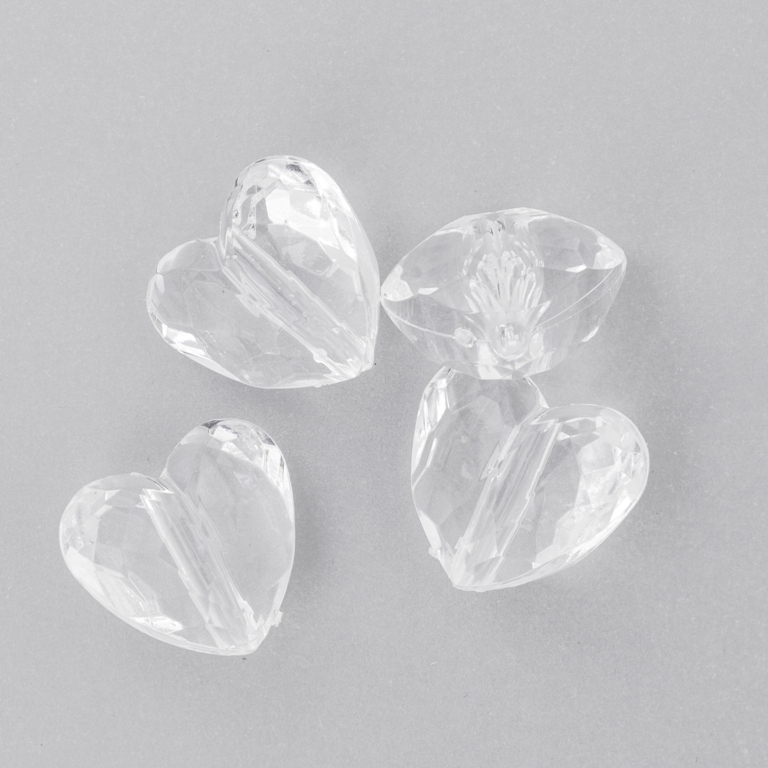 TRANSPARENT PLASTIC BEADS - HEART 06 FACETED - 17x18.5x11mm WHITE V01 - 50g Hole-2.5mm (27pcs.)