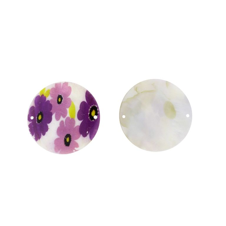 MOTHER OF PEARL BEADS - CONNECTING ELEMENT - CIRCLE 01 - FLOWER 01 - 50x2.0mm PURPLE-YELLOW-BLACK - SECOND-RATE - PACKAGE 10pcs. Hole-1.8mm 