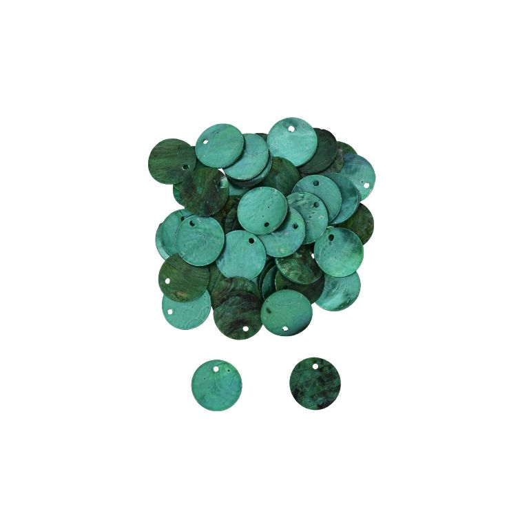 MOTHER OF PEARL BEADS - FLAKE 02 - CIRCLE 02 - 15x0.8mm TURQUOISE GREEN - PACKAGE 100g Hole-1.4mm (280pcs.)