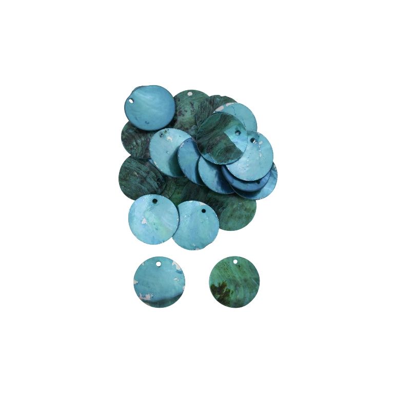 MOTHER OF PEARL BEADS - FLAKE 02 - CIRCLE 02 - 20x0.8mm TURQUOISE BLUE - SECOND-RATE - PACKAGE 100g Hole-1.4mm (160pcs.)