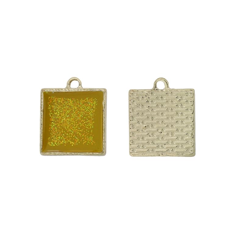 METAL BEADS WITH ENAMEL - PENDANT - SQUARE 01 GLITTER - 18x21x3mm GOLD-YELLOW (DARK) - PACKAGE 30pcs. Hole-1.8mm
