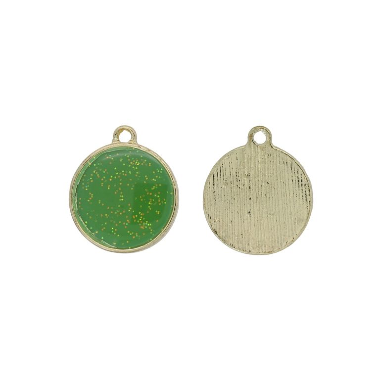 METAL BEADS WITH ENAMEL - PENDANT - CIRCLE 03 GLITTER - 21x18x4mm GOLD-GREEN - 3pcs. Hole-1.8mm