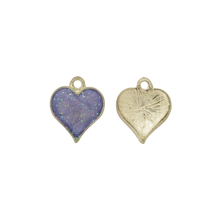 METAL BEADS WITH ENAMEL - PENDANT - HEART 32 GLITTER - 16x18x2mm GOLD-PURPLE - 3pcs. Hole-1.8mm