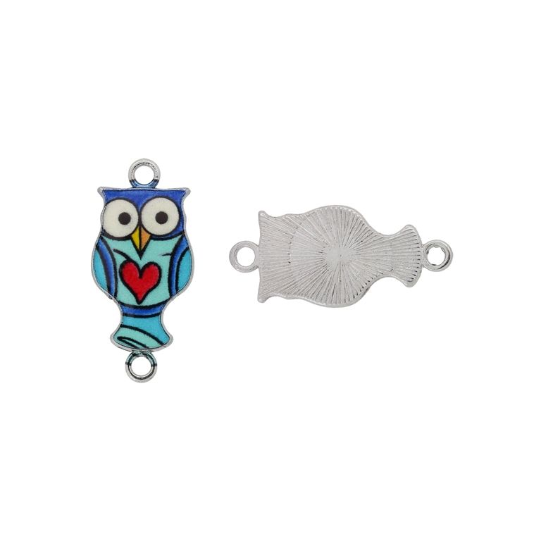 METAL BEADS WITH ENAMEL - CONNECTING ELEMENT WITH 2 RINGS - OWL 09 - 26x12x2mm NICKEL-TURQUOISE-BLUE (DARK)-RED - 3pcs. Hole-2.0mm 