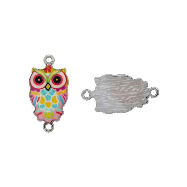METAL BEADS WITH ENAMEL - CONNECTING ELEMENT WITH 2 RINGS - OWL 10 - 26x13x2mm NICKEL И MIX - 3pcs. Hole-1.5mm