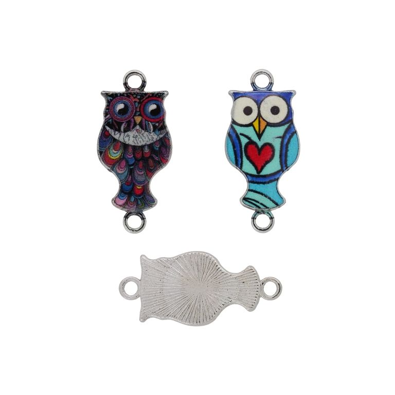 METAL BEADS WITH ENAMEL - CONNECTING ELEMENT WITH 2 RINGS - OWL MIX 02 -26x12x2mm NICKEL И MIX - 3pcs. Hole-1.6mm