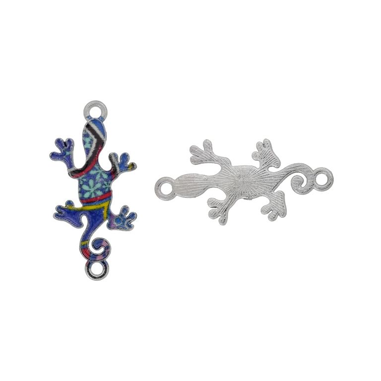 METAL BEADS WITH ENAMEL - CONNECTING ELEMENT WITH 2 RINGS - SALAMANDER LIZARD 01 - 30x14x1.6mm NICKEL-BLUE (DARK)-TURQUOISE (LIGHT)-RED (LIGHT) - 3pcs. Hole-1.6mm