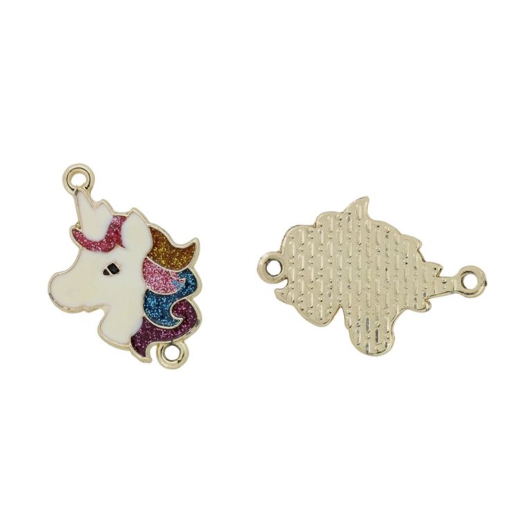 METAL BEADS WITH ENAMEL - CONNECTING ELEMENT WITH 2 RINGS - UNICORN 04 - 18x24x1.6mm GOLD-ECRU-PINK - PACKAGE 30pcs. Hole-1.8mm
