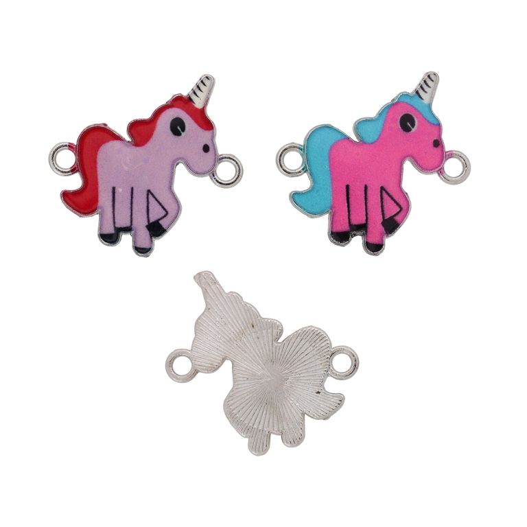 METAL BEADS WITH ENAMEL - CONNECTING ELEMENT WITH 2 RINGS - UNICORN MIX 02 - 23x22x2mm NICKEL И MIX - PACKAGE 30pcs. Hole-2.0mm